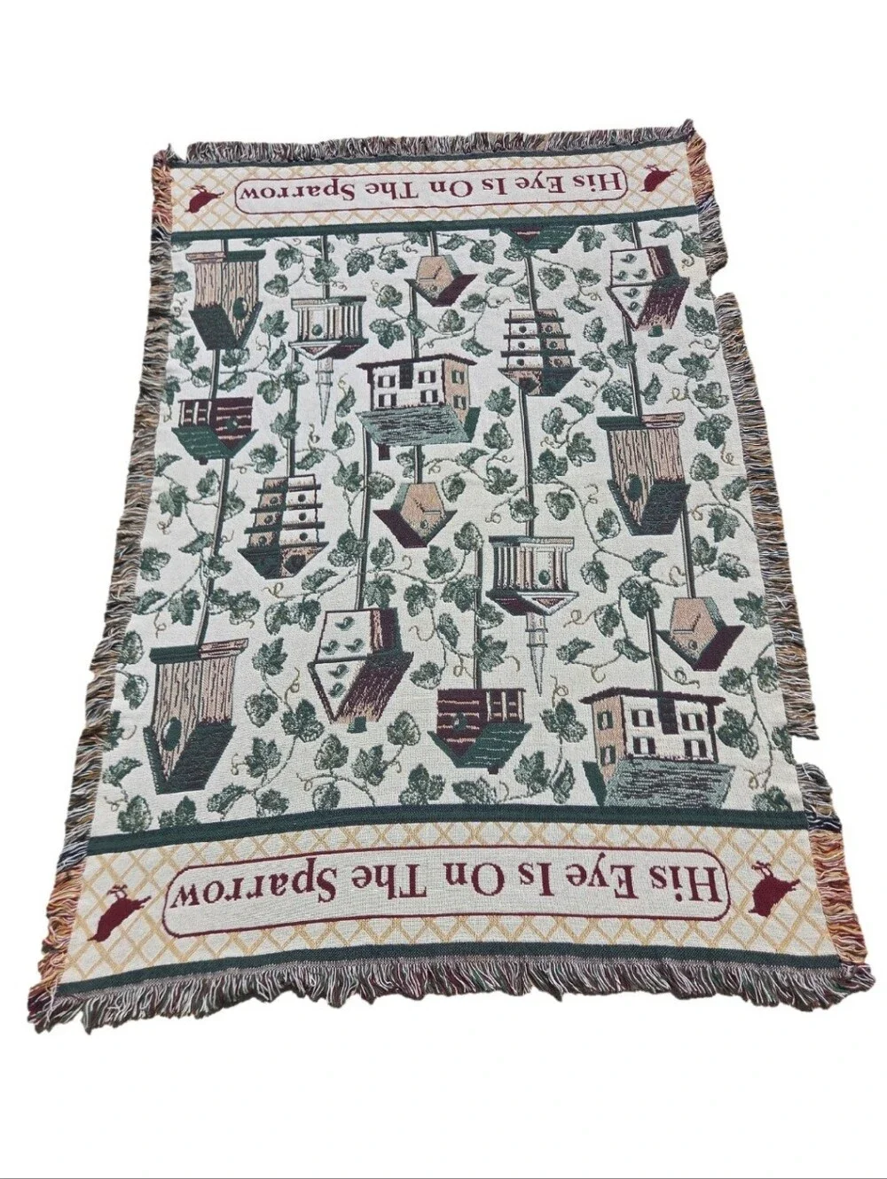 Vintage Christian Throw Blanket His Eye Is On The Sparrow Birdhouse Tapestry 90s